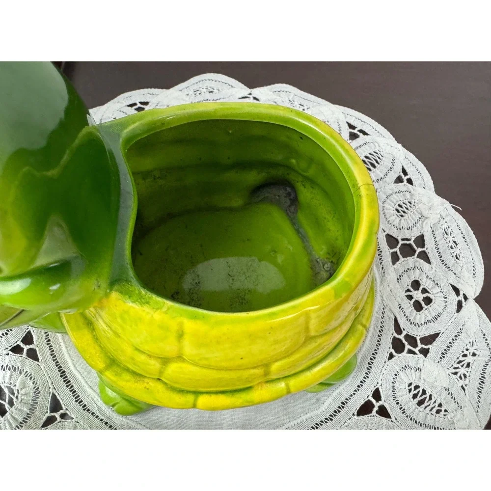 Vintage Ceramic Turtle Planter Green Yellow Anthropomorphic Tortoise Figurine - Picture 4 of 10